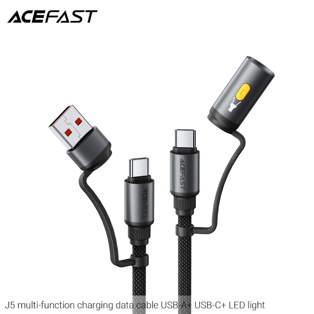 Acefast J5 Multi-Function Charging Data Cable USB-A+ USB-C+ LED Light - Black