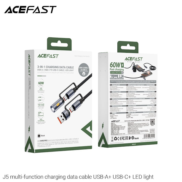 Acefast J5 Multi-Function Charging Data Cable USB-A+ USB-C+ LED Light - Black