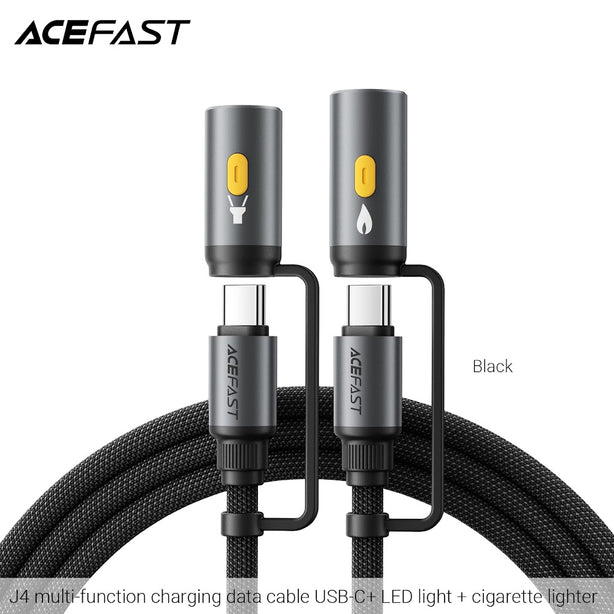 Acefast J4 Multi-Function Charging Data Cable USB-C+ LED Light + Cigarette Lighter - Black