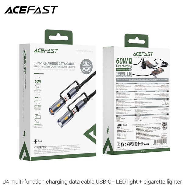 Acefast J4 Multi-Function Charging Data Cable USB-C+ LED Light + Cigarette Lighter - Black