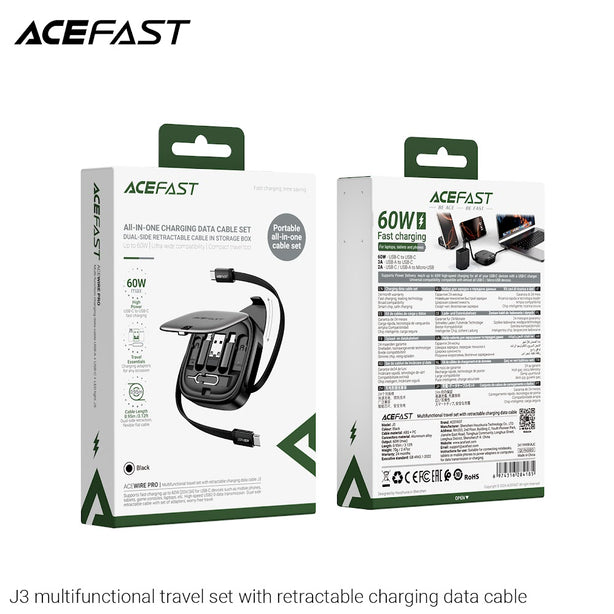 Acefast J3 Multi Function Travel Set With Retractable Charging Data Cable - Black