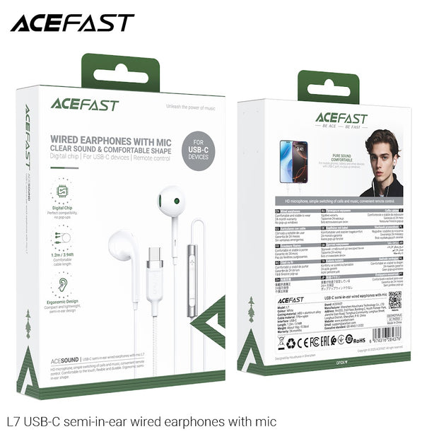 Acefast L7 USB-C Semi-In-Ear Wired Earphones With Mic - White