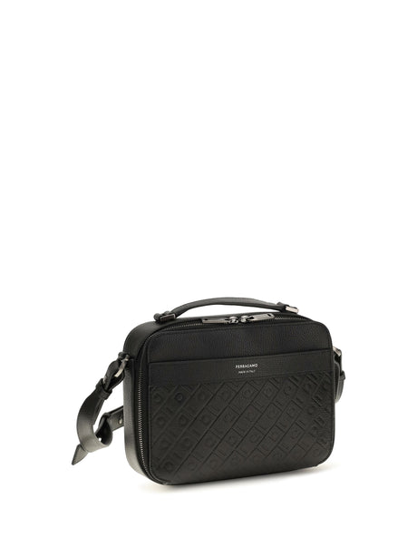 Leather Crossbody Bag With Embossed Gancini Pattern