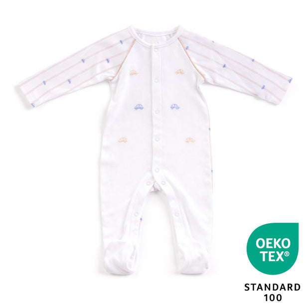 Teeny Tiny Soft and Cozy Sleepsuit For Boy – Long Sleeve White (Car Design)