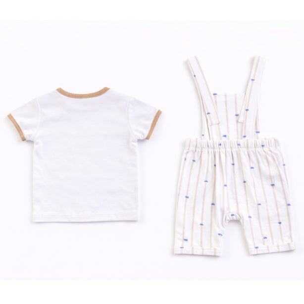 Teeny Tiny Dungaree 2 Piece Set For Boy - White (Car Design)