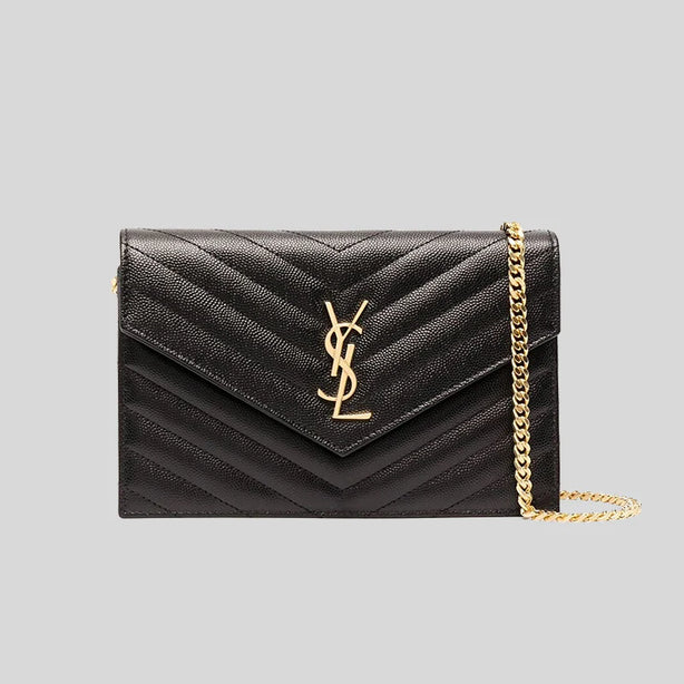 SAINT LAURENT YSL Matelasse Envelope Chain Wallet In Grain De Poudre Embossed Leather Black RS-857605BOW01