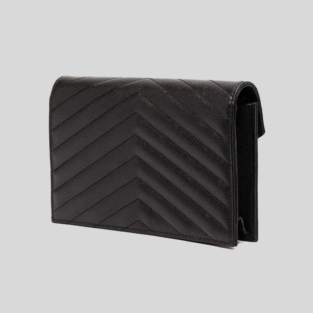 SAINT LAURENT YSL Matelasse Envelope Chain Wallet In Grain De Poudre Embossed Leather Black RS-857605BOW01