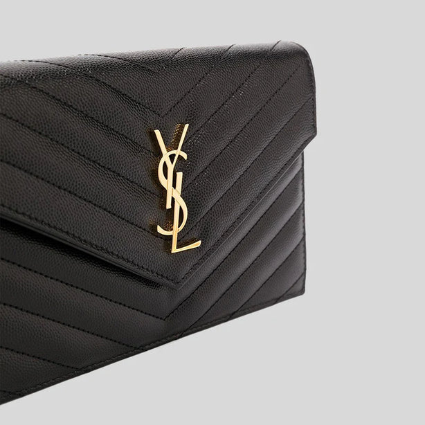 SAINT LAURENT YSL Matelasse Envelope Chain Wallet In Grain De Poudre Embossed Leather Black RS-857605BOW01