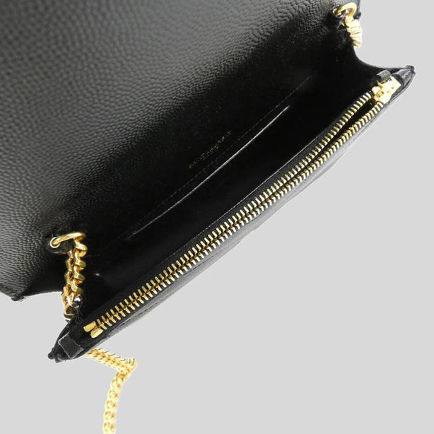 SAINT LAURENT YSL Matelasse Envelope Chain Wallet In Grain De Poudre Embossed Leather Black RS-857605BOW01