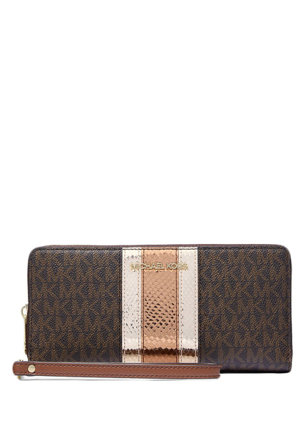 Michael Kors Jet Set Travel Large Signature Logo and Metallic Continental Wallet - Brown