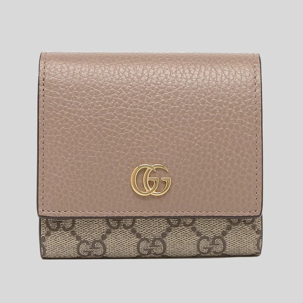 GUCCI Petite Marmont Small Wallet In Calf And Supreme Canvas Dusty Rose Beige RS-598587