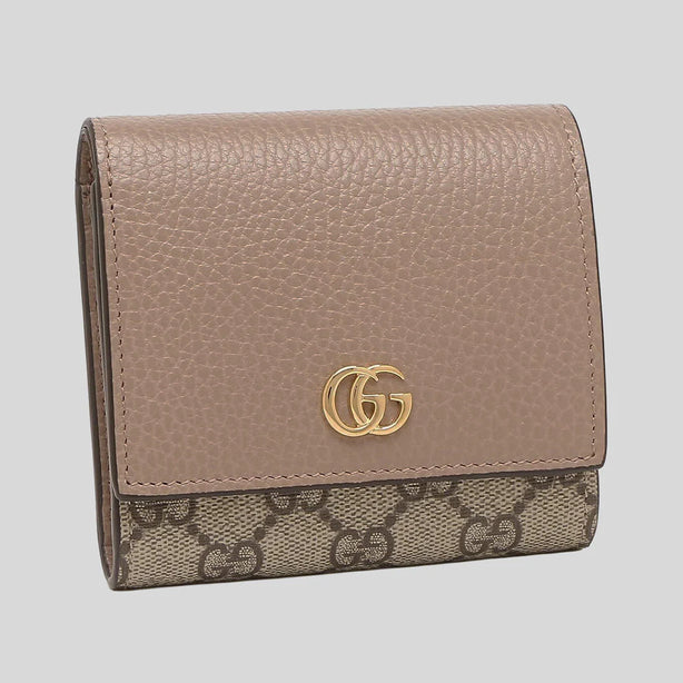 GUCCI Petite Marmont Small Wallet In Calf And Supreme Canvas Dusty Rose Beige RS-598587