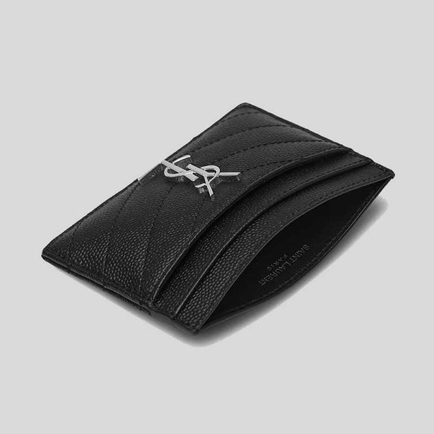 SAINT LAURENT YSL Cassandre Matelasse Card Case In Grain De Poudre Embossed Leather Black/Silver RB-423291