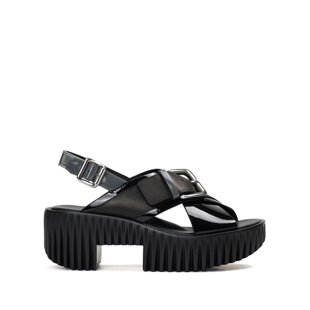 4CCCCEES Plia Juno Dandelion-Carved Ultra-Comfy Wide Cross-Strap Sandals with Bold Metallic Buckles in Luxe Coffee Nappa and Embossed Leather 4CS107003