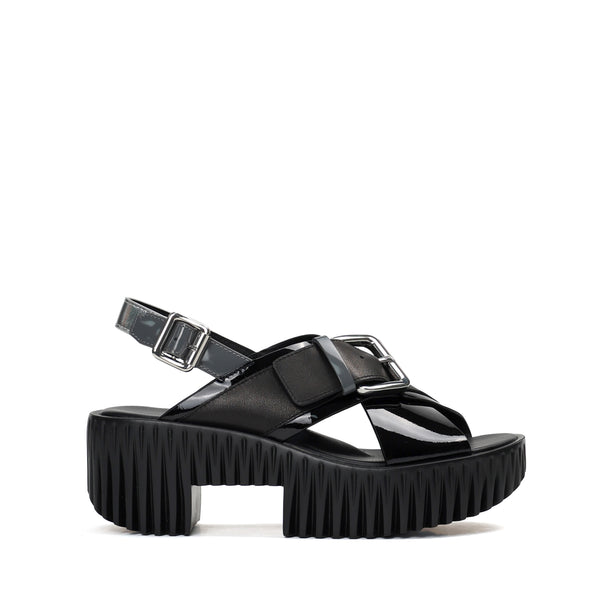 4CCCCEES Plia Juno Dandelion-Carved Ultra-Comfy Wide Cross-Strap Sandals with Bold Metallic Buckles in Luxe Coffee Nappa and Embossed Leather 4CS107003