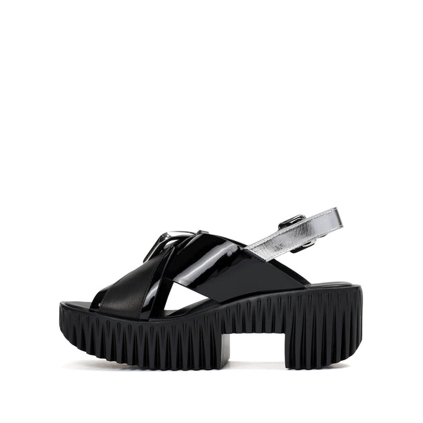 4CCCCEES Plia Juno Dandelion-Carved Ultra-Comfy Wide Cross-Strap Sandals with Bold Metallic Buckles in Luxe Coffee Nappa and Embossed Leather 4CS107003