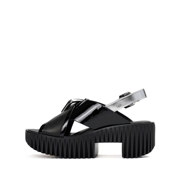 4CCCCEES Plia Juno Dandelion-Carved Ultra-Comfy Wide Cross-Strap Sandals with Bold Metallic Buckles in Luxe Coffee Nappa and Embossed Leather 4CS107003