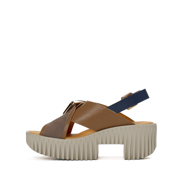 4CCCCEES Plia Juno Dandelion-Carved Ultra-Comfy Wide Cross-Strap Sandals with Bold Metallic Buckles in Luxe Coffee Nappa and Embossed Leather 4CS107003