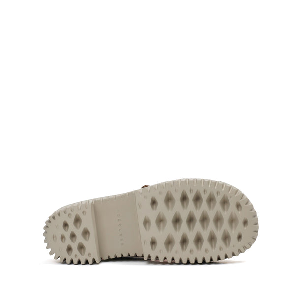 4CCCCEES Plia Juno Dandelion-Carved Ultra-Comfy Wide Cross-Strap Sandals with Bold Metallic Buckles in Luxe Coffee Nappa and Embossed Leather 4CS107003