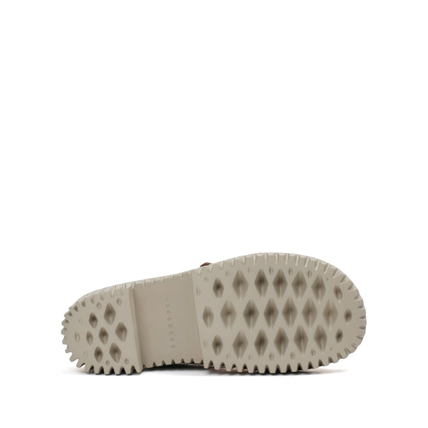 4CCCCEES Plia Juno Dandelion-Carved Ultra-Comfy Wide Cross-Strap Sandals with Bold Metallic Buckles in Luxe Coffee Nappa and Embossed Leather 4CS107003