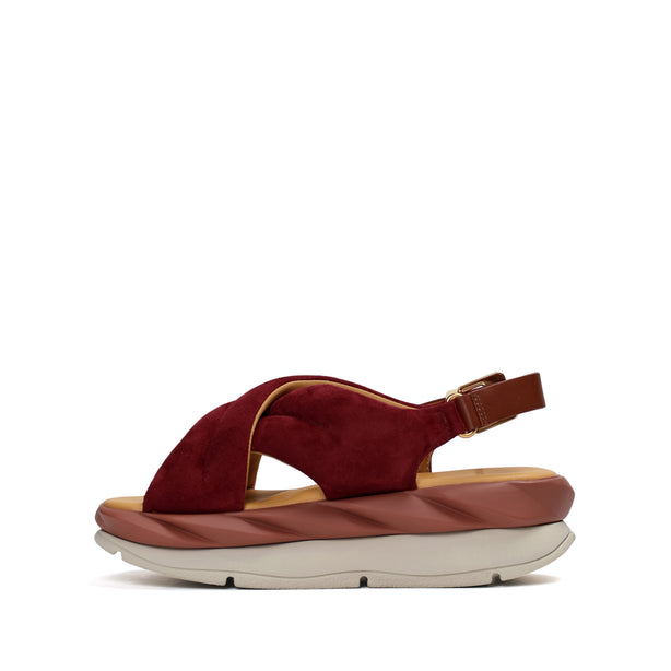 4CCCCEES Mellow Moa Petal-Twist Ultra-Comfy Cross-Strap Sandals with Contrasting Metal Buckle in Luxe Rose Kid Suede 4CS113002