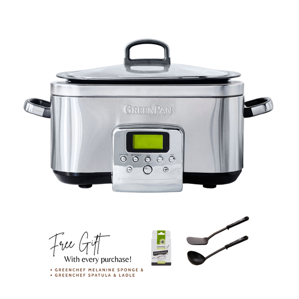 Greenpan Elite Slow Cooker 6L - Stainless Steel+ GreenPan Melamine Sponge + Greenchef Spatula & Ladle