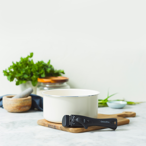 Greenpan Click Chef 20cm Open Saucepan - Cream + Click Chef Removable Handle - Black