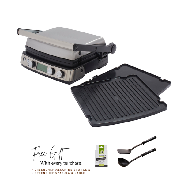Greenpan Elite Contact Grill -  Stainless Steel+ GreenPan Melamine Sponge + Greenchef Spatula & Ladle