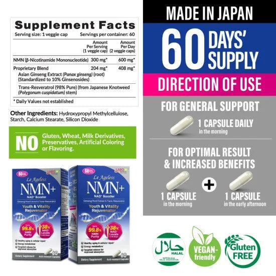 LABO Nutrition Le Ageless NMN+ 600mg with NAD+ Boosters Ginseng Extract & Trans-Resveratrol Supplement - Youth & Vitality Rejuvenator for Cellular Repair Anti Aging Heart Health Energy Metabolism Brain & Memory Antioxidants Sleep Quality • Halal • 6