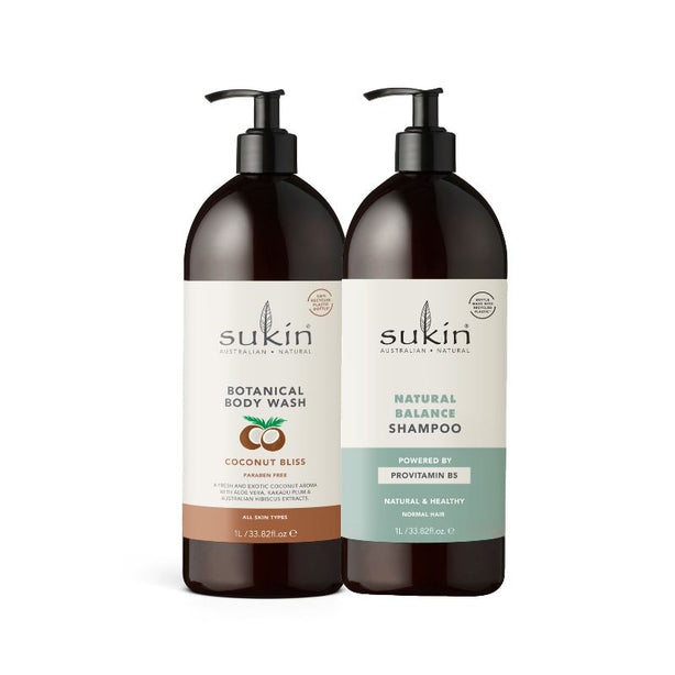 Sukin Body Wash Coconut Bliss 1L + Sukin Natural Balance Shampoo 1L