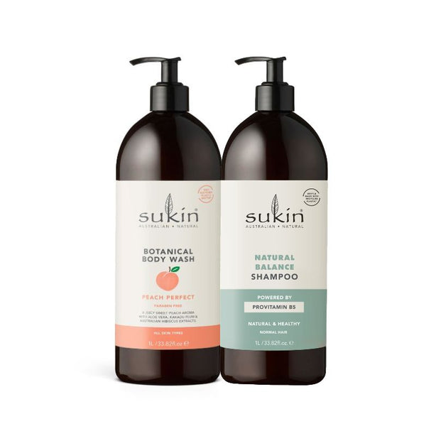 Sukin Body Wash Peach & Perfect 1L + Sukin Natural Balance Shampoo 1L
