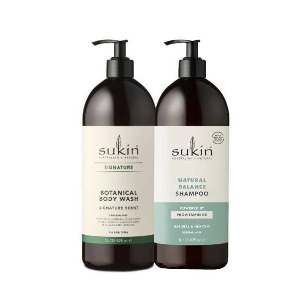 Sukin Signature Botanical Body Wash 1L + Sukin Natural Balance Shampoo 1L