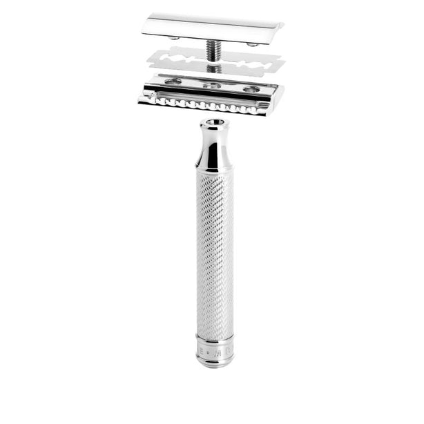 MUHLE Traditional, Chrome-plated Metal, Shaving Set - Open Comb Safety Razor, Silvertip Badger Brush