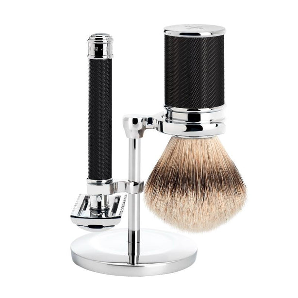 MUHLE Traditional, Chrome-plated Metal Black, Shaving Set - Open Comb Safety Razor, Silvertip Badger Brush