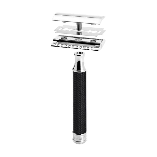 MUHLE Traditional, Chrome-plated Metal Black, Shaving Set - Open Comb Safety Razor, Silvertip Badger Brush