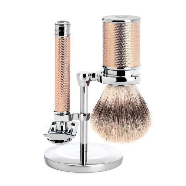 MUHLE Traditional, Chrome-Rose Gold plated Metal, Shaving Set - Safety Razor, Silvertip Fibre® Shaving Brush