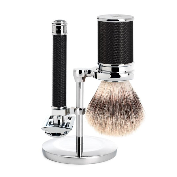 MUHLE Traditional, Chrome-plated Metal Black, Shaving Set - Safety Razor, Silvertip Fibre® Shaving Brush