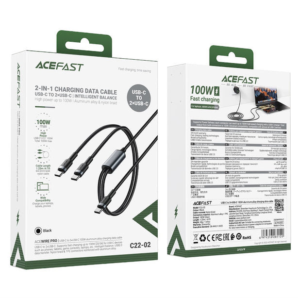 Acefast C22-02 USB-C to 2*USB-C 100W Aluminum Alloy Charging Data Cable - Black