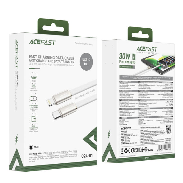 Acefast C24-01 Ultra-Thin Charging Data Cable USB-C to Lightning (1.2m) - White