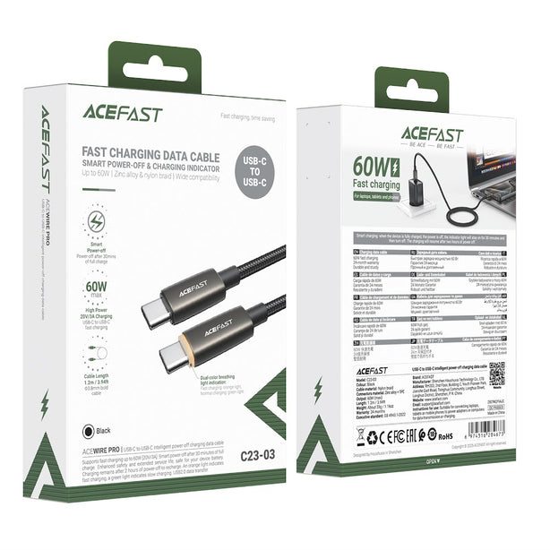 Acefast C23-03 USB-C to USB-C 60W Intelligent Power-Off Charging Data Cable (1.2m) - Black