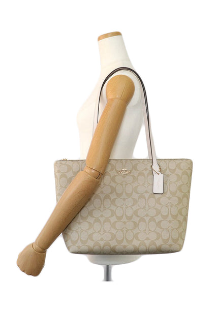 Coach Zip Top Tote In Signature Light Brown/White - Brown