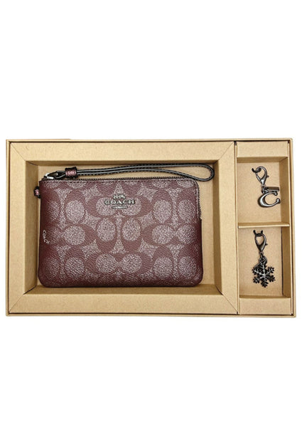 Coach Boxed Corner Zip Wristlet In Signature Canvas With Charms - Wine