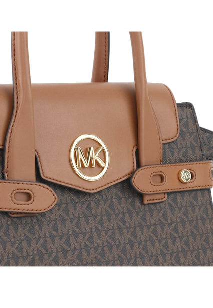 Michael Kors Carmen Medium Logo and Faux Leather Belted Satchel - Brown