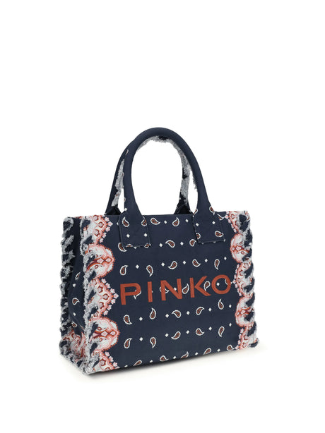 Pinko Canvas Tote Bag - Multicolor Blue-Antique Gold