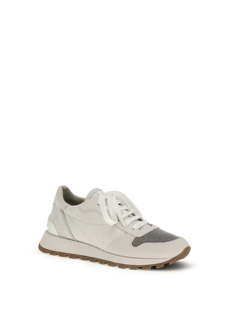 Brunello Cucinelli Precious Toe Sneakers in suede and techno fabric - Silver Birch