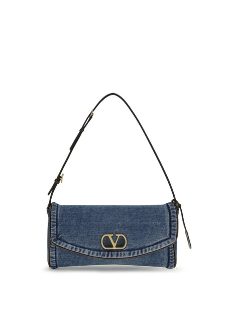 Valentino Garavani DeVain small Shoulder Bag in denim - Denim/Tabac Brown