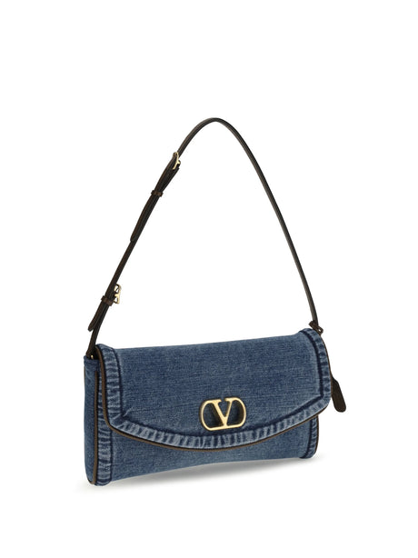 Valentino Garavani DeVain small Shoulder Bag in denim - Denim/Tabac Brown
