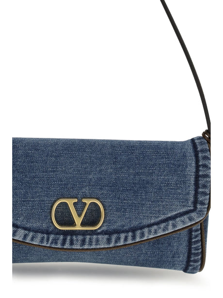 Valentino Garavani DeVain small Shoulder Bag in denim - Denim/Tabac Brown