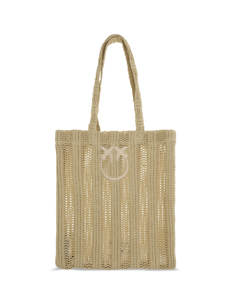 Pinko Medium Easy Tote Bag in raffia - Yellow Pastinaca
