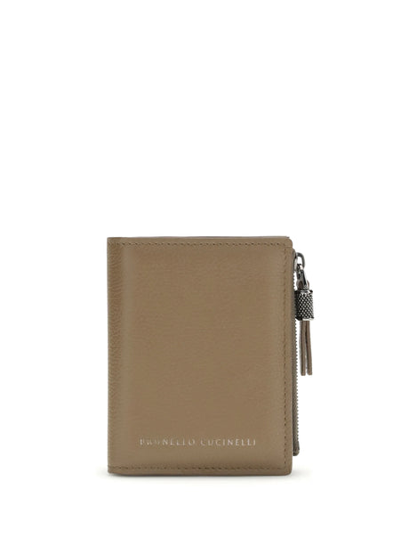 Brunello Cucinelli Leather Wallet with grain and Shiny Zipper Pull - Tawny